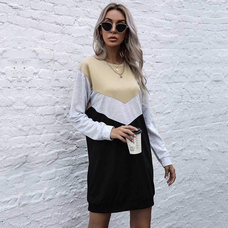 Damen Colorblock-Sweatshirtkleid mit V‑Einsatz, Langarm und legerem Saum Drune