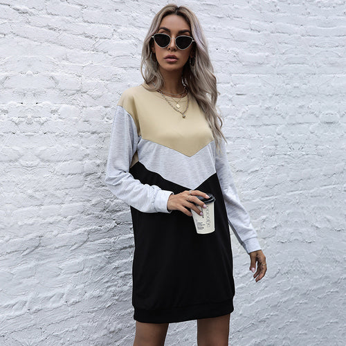 Damen Colorblock-Sweatshirtkleid mit V‑Einsatz, Langarm und legerem Saum Drune