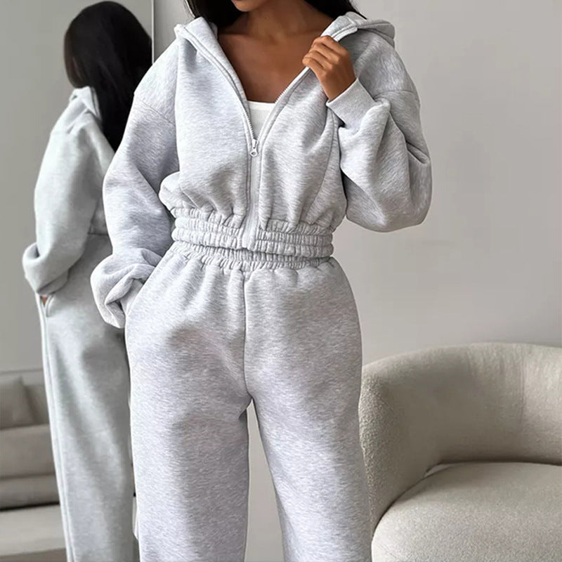 Damen Cropped‑Zip‑Hoodie mit Ballonärmeln und hochgeschnittener Jogginghose mit gerafftem Taillenbund Drune