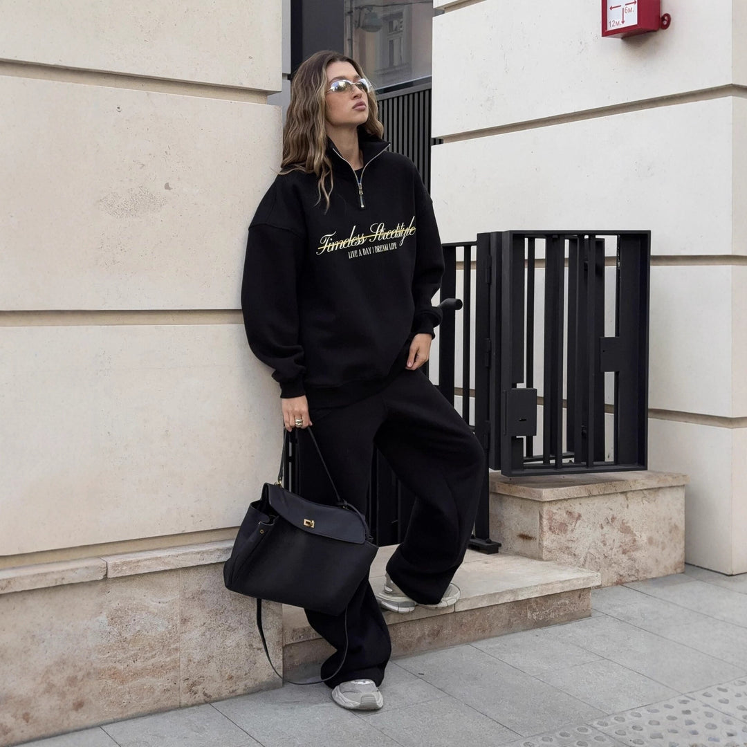 Damen sportlicher Halbärmel Pullover mit durchgehendem Reißverschluss und oversized Schnitt