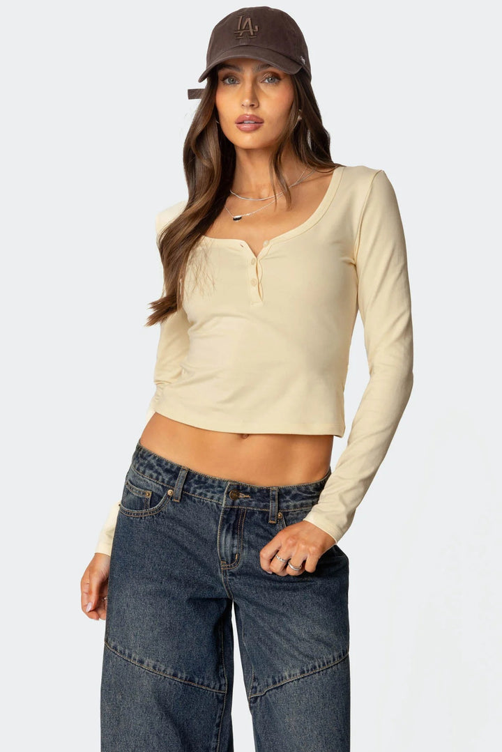 Damen Cropped Langarmhemd mit Knopfleiste und weichem Stoff Drune