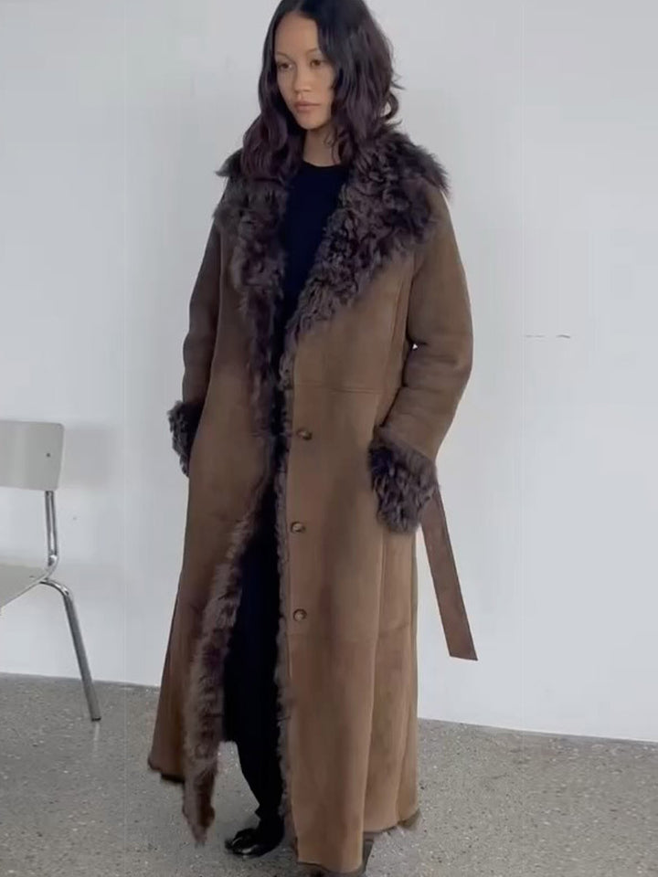 Damen Maxilanger Kunstvelours-Mantel im Shearling-Stil mit Schalkragen und Knopfleiste Drune