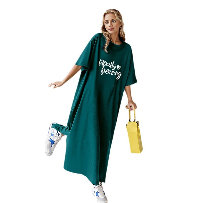 Damen nan locker geschnittenes Maxikleid mit großem Herzgrafikprint und Rundhalsausschnitt Drune