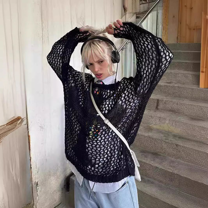 Damen luftiger Strickpullover mit offenem Netzdesign Drune