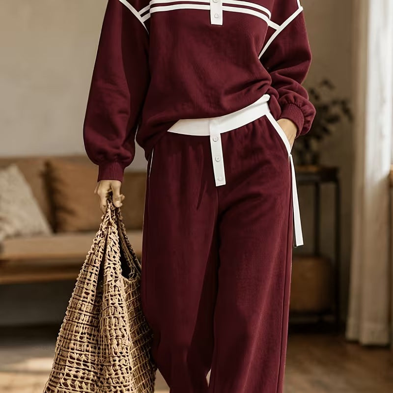 Damen Lounge-Set aus weichem Jersey mit Polokragen, Kontraststreifen und weiter Jogpant Drune