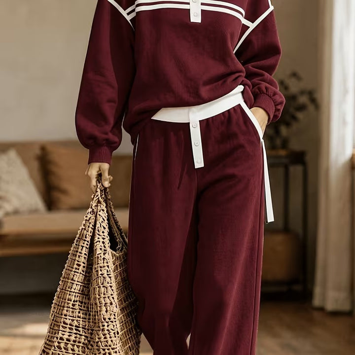 Damen Lounge-Set aus weichem Jersey mit Polokragen, Kontraststreifen und weiter Jogpant Drune
