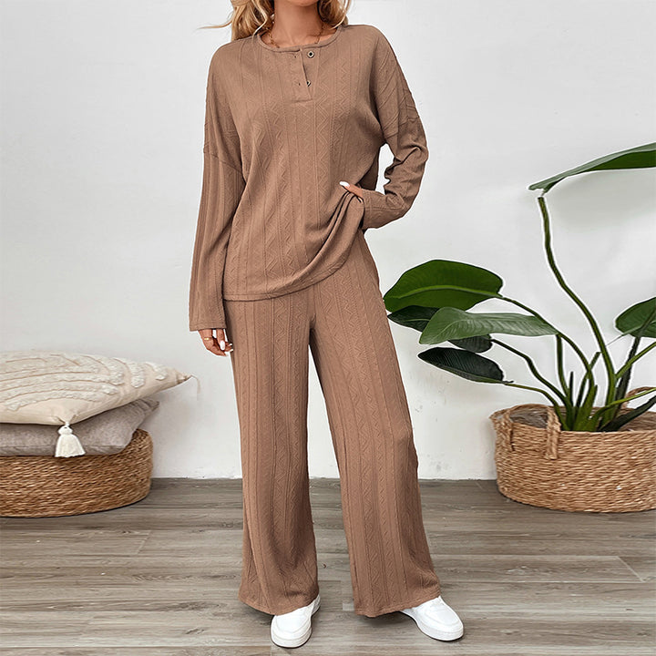 Damen Zweiteiliges Strick-Loungewear-Set mit Wide‑Leg-Hose und Henley-Oberteil Drune