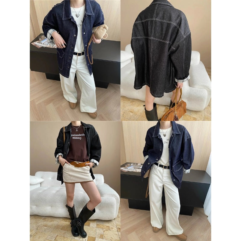 Damen lässige Jeansjacke im Vintage-Stil mit aufgesetzten Taschen und Druckknöpfen Drune