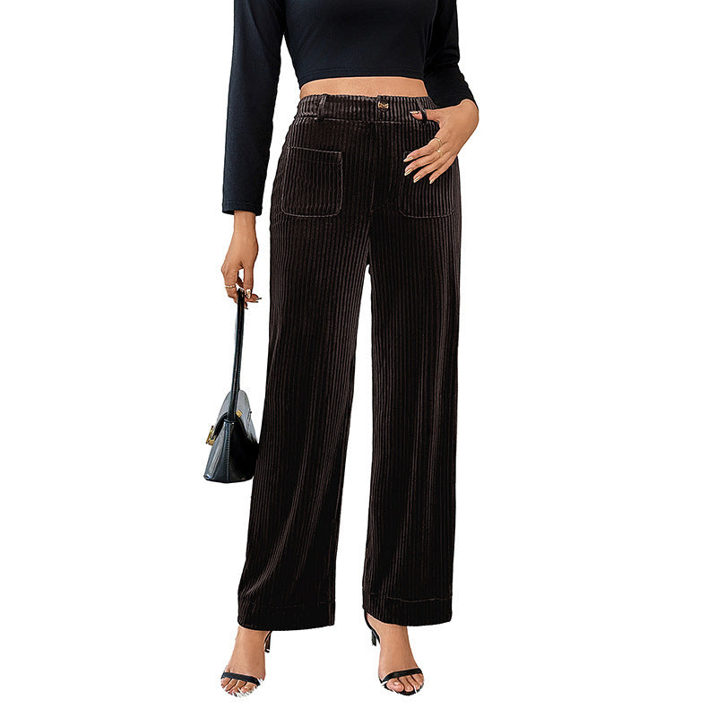 Damen Weite Samt-Cordhose mit hoher Taille, Gummibund und Eingrifftaschen Drune