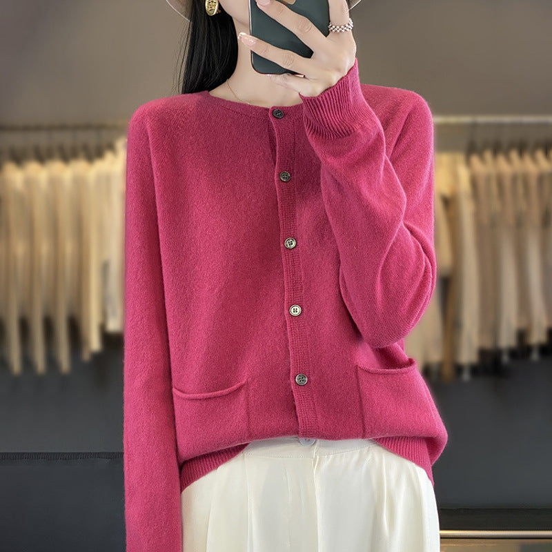 Damen Langer Feinstrick-Cardigan mit Rundhalsausschnitt, Eingrifftaschen und Alpaka-Mix Drune