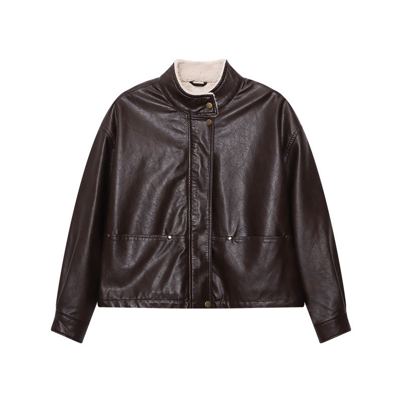 Damen lässige Kunstlederjacke mit eleganten Knopfdetails Drune