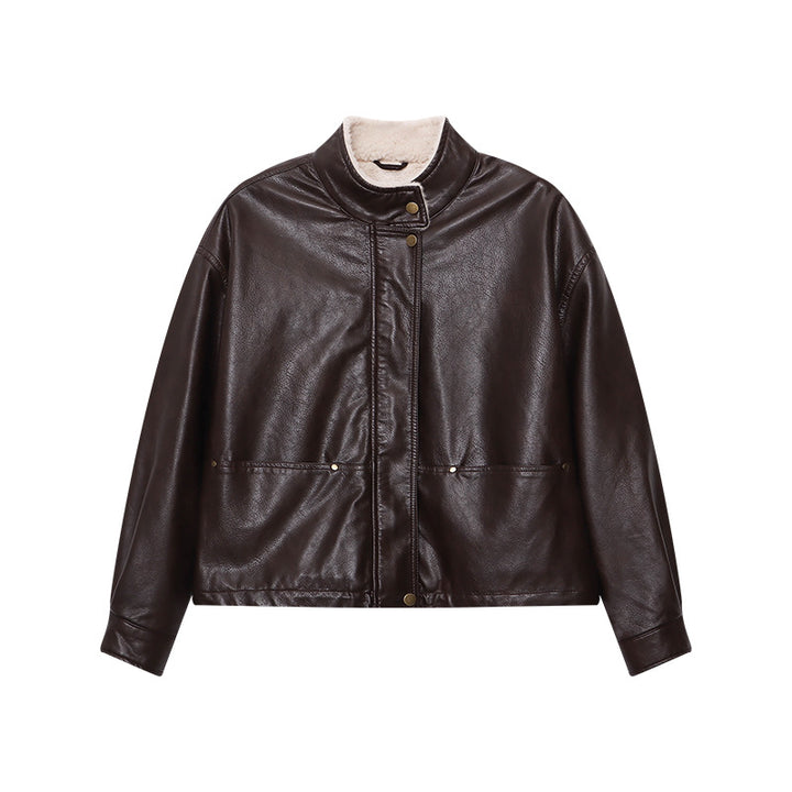 Damen lässige Kunstlederjacke mit eleganten Knopfdetails Drune
