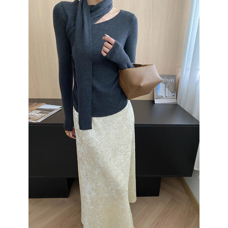 Damen elegantes Langarmoberteil mit Wickelkragen und figurbetontem Schnitt Drune