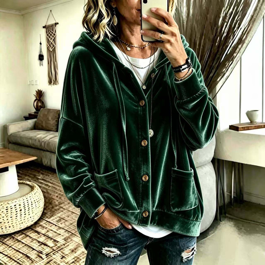 Damen Oversize Kapuzen-Samtjacke mit Knopfleiste und aufgesetzten Taschen Drune