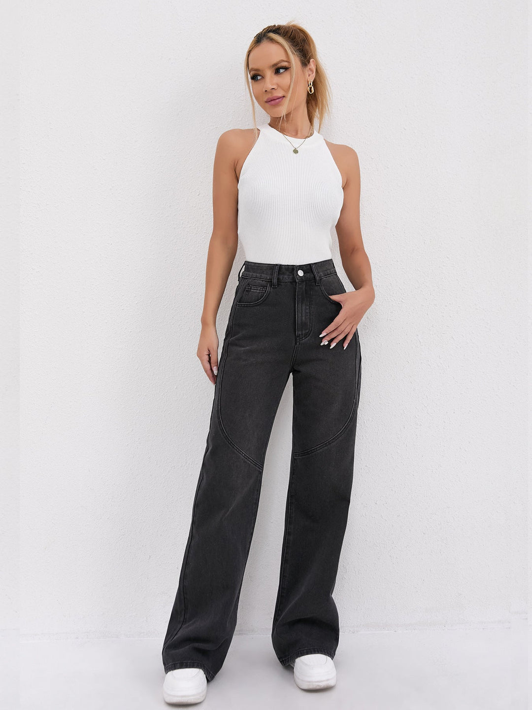 Damen Weite Hochtaillen-Jeans mit einzigartigen Nahtdetails und lässigem Schnitt Drune
