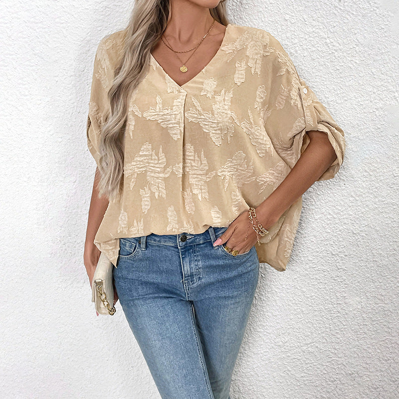 Damen Modische Bluse mit V-Ausschnitt und floralen Applikationen Drune