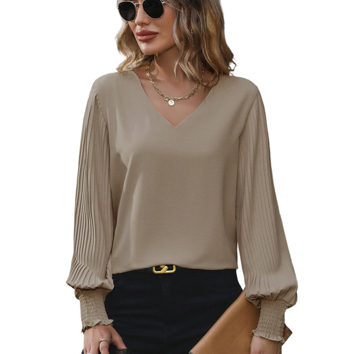 Damen Feminine V-Ausschnitt-Bluse mit plissierten Ballonärmeln und Smokmanschetten Drune