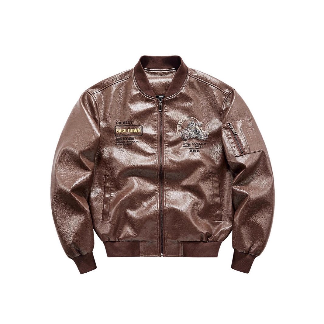 Herren Biker Lederimitat Bomberjacke mit Stickpatches und Ärmeltasche Drune