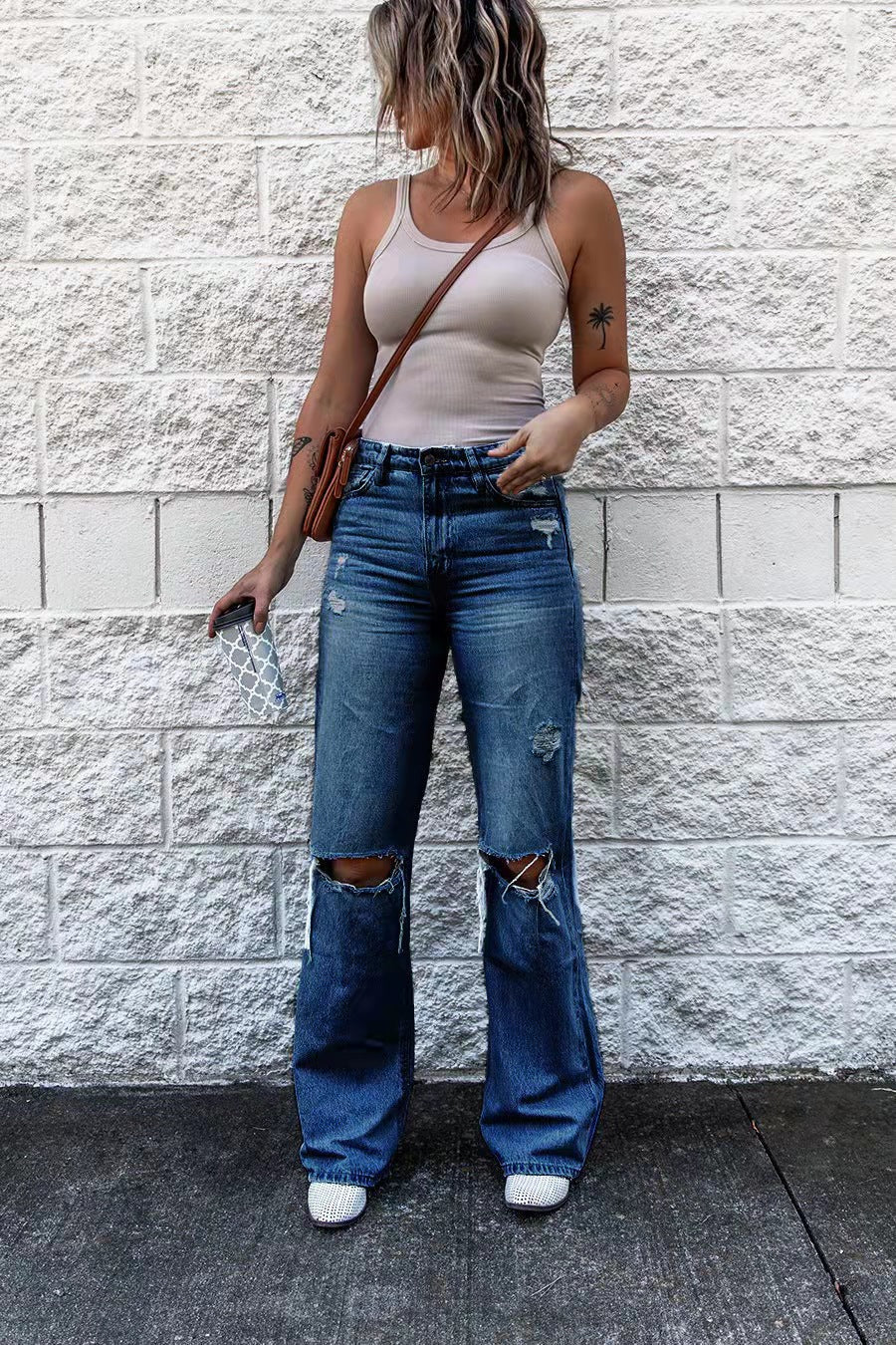Drune | Damen High Waist Ripped Jeans mit Weitem Bein