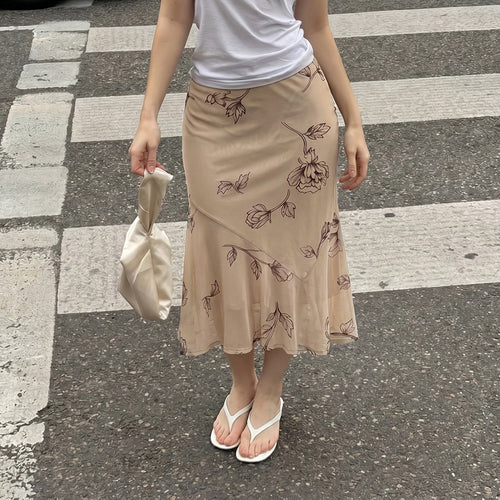 Damen Fließender Chiffon-Midirock mit zartem Blumenprint und asymmetrischem Volant Drune