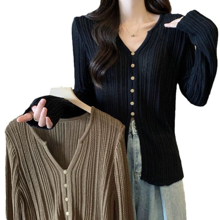 Damen eleganter V-Ausschnitt Pullover mit Knopfdetail und lässigen Ärmeln Drune