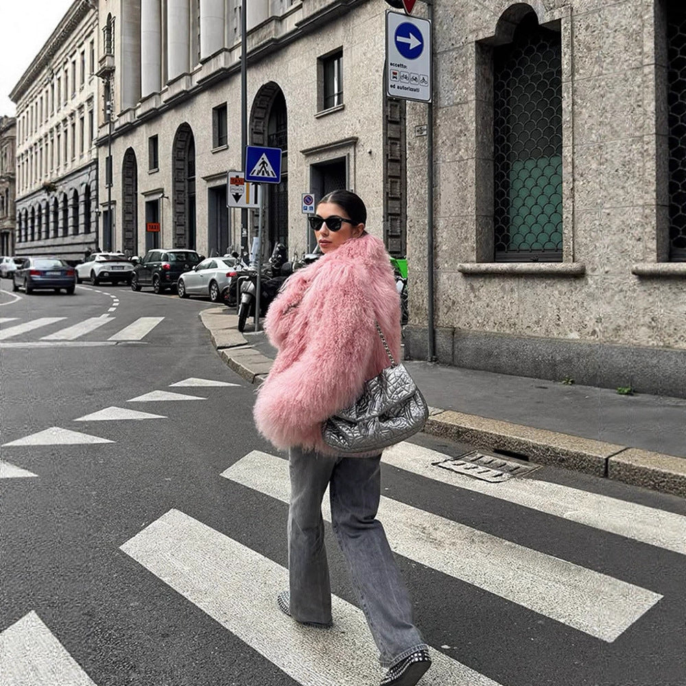Damen Kurz geschnittener Shaggy Fauxfur Mantel mit voluminösem Schalkragen und Oversize-Silhouette Drune
