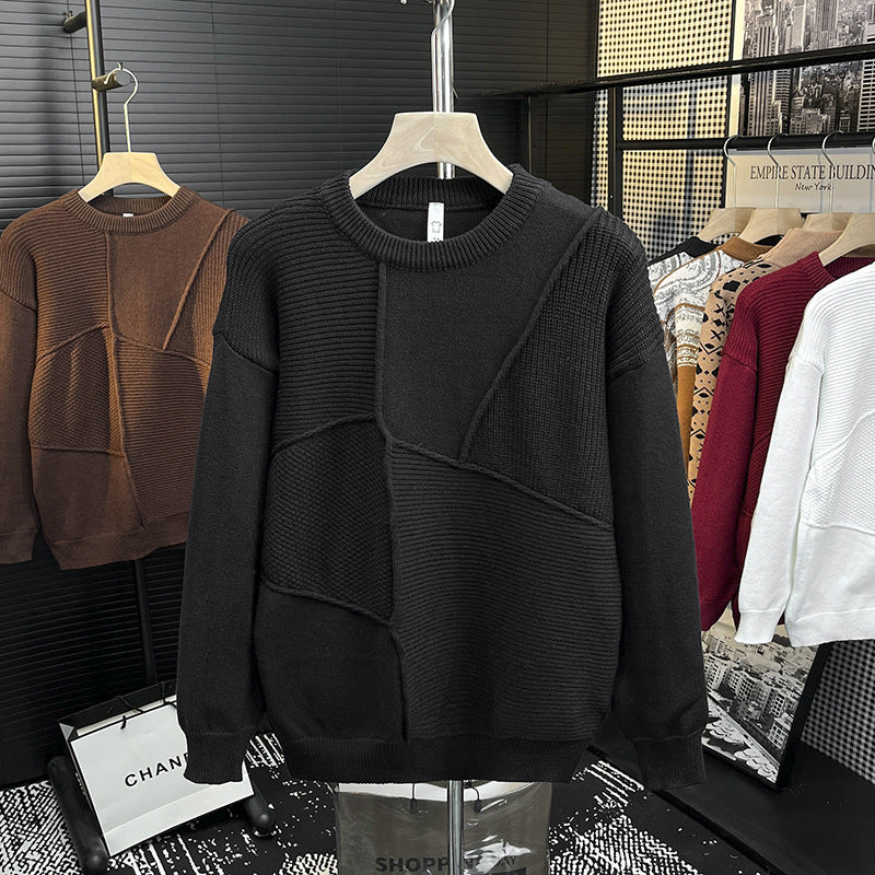 Herren Strukturierter Patchwork-Strickpullover mit Rundhals und gerippten Einsätzen Drune
