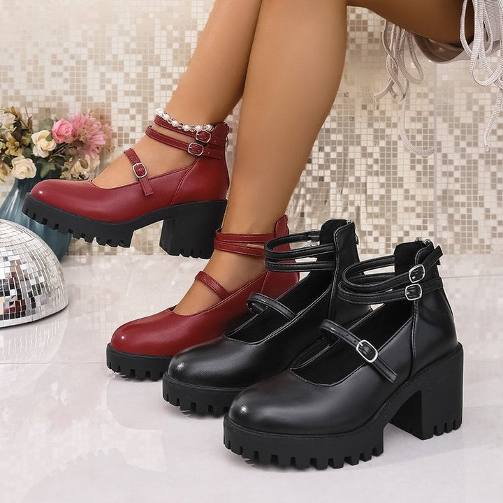 Damen Mary-Jane-Schuhe mit profiliertem Plateau, klobigem Blockabsatz und verstellbaren Riemen Drune