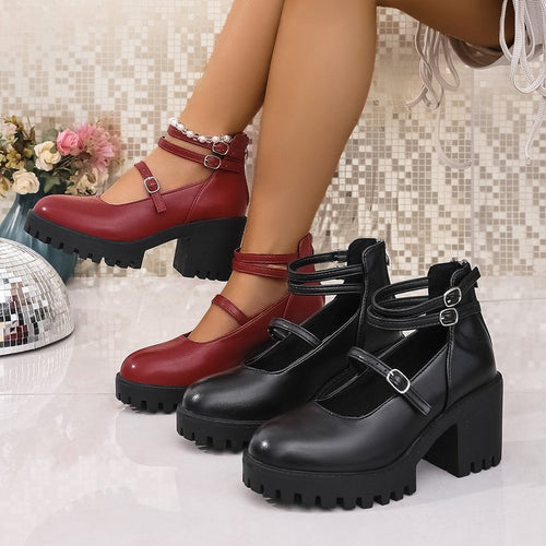 Damen Mary-Jane-Schuhe mit profiliertem Plateau, klobigem Blockabsatz und verstellbaren Riemen Drune