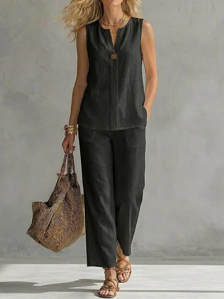 Damen Lässiges zweiteiliges Set mit ärmelloser Bluse und modischen Hosen Drune