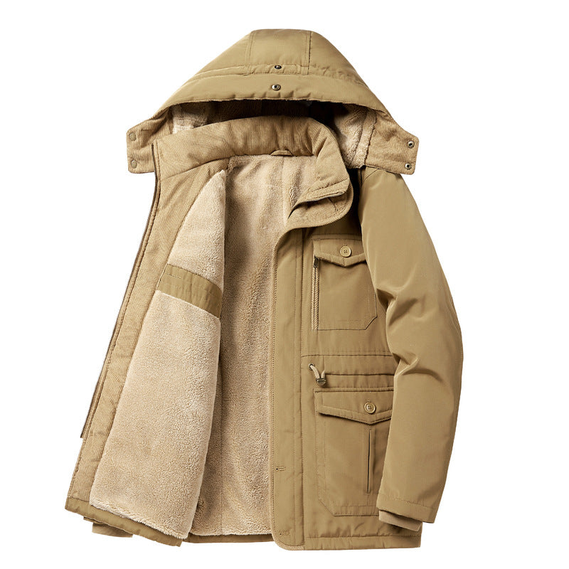 Herren  kälteproof Kapuzenparka mit vollem Sherpa-Innenfutter, Samtkragen und multifunktionalen Taschen Drune