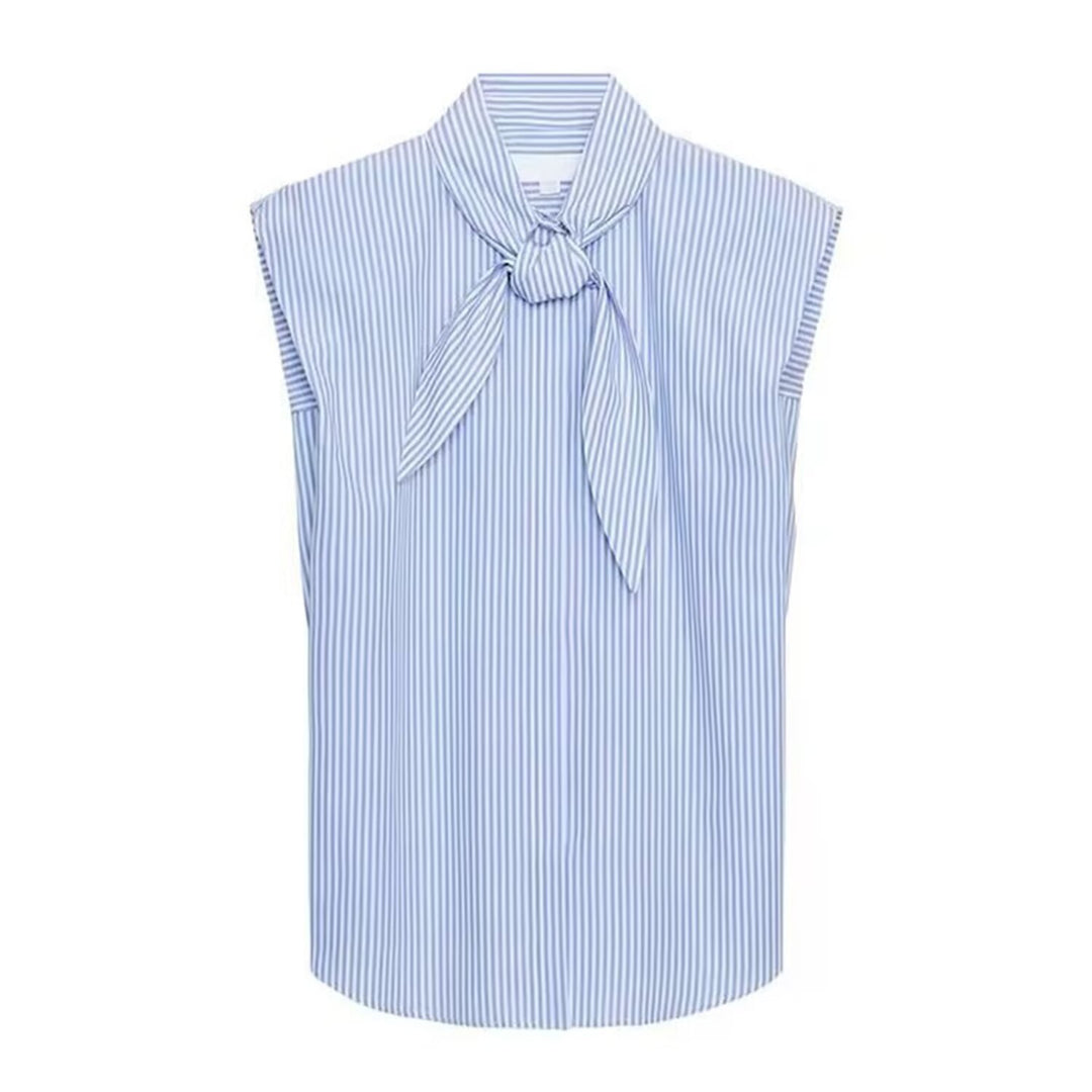 Damen Ärmellose Popeline-Bluse mit Schluppenkragen und Nadelstreifen Drune