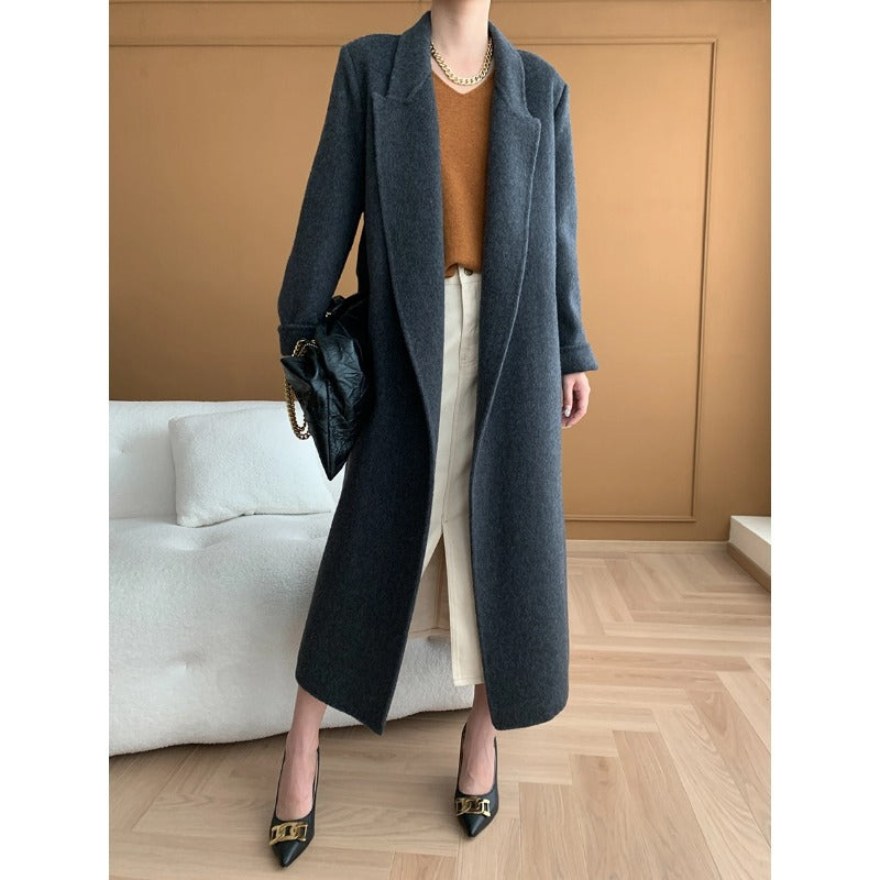 Damen eleganter Wickelmantel aus hochwertigem Wollmix mit Taillengürtel Drune