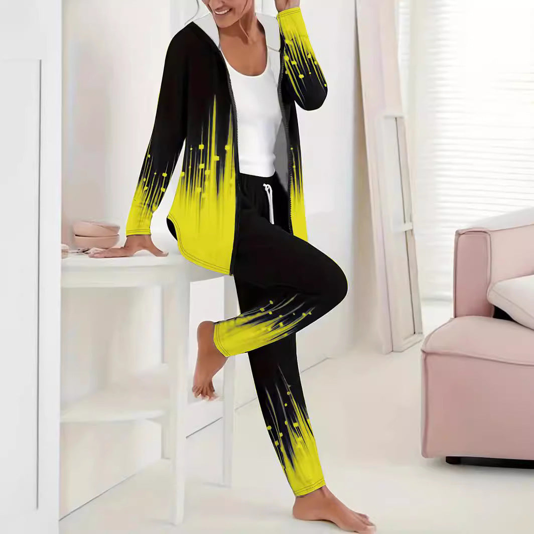 Damen Zweiteiliges Lounge-Set mit Kapuzenjacke und Tunnelzug-Jogginghose mit digitalem Verlaufprint Drune