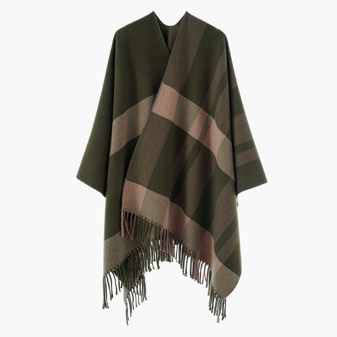 Damen Oversize-Cape mit Glencheck-Muster und Fransenabschluss Drune