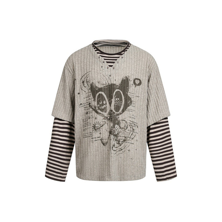 Damen Lagenlook-Longsleeve mit gestreiften Ärmelärmeln und grafischem Statement-Print Drune