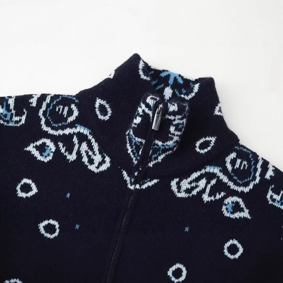 Damen Grobgestrickte Strickjacke mit Reißverschluss, Paisley‑Jacquard und Stehkragen Drune