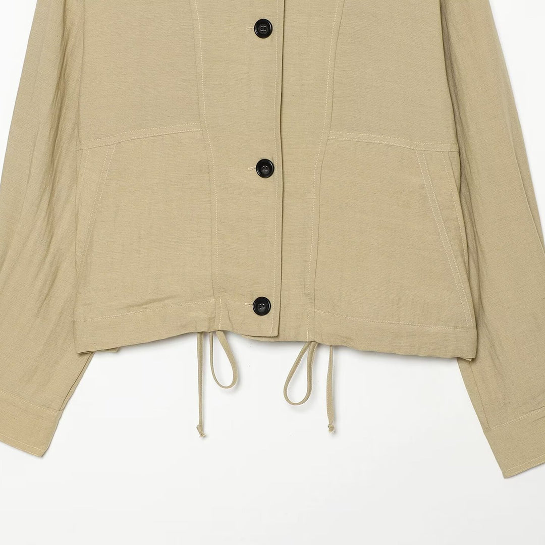 Damen Oversize Cropped Utility‑Jacke mit hohem Stehkragen, Schulterklappen und Tunnelzug Drune