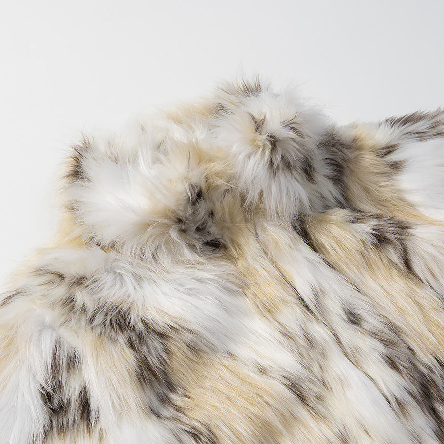 Damen Kurze Kunstfelljacke im Patchfell-Look mit hohem Stehkragen Drune