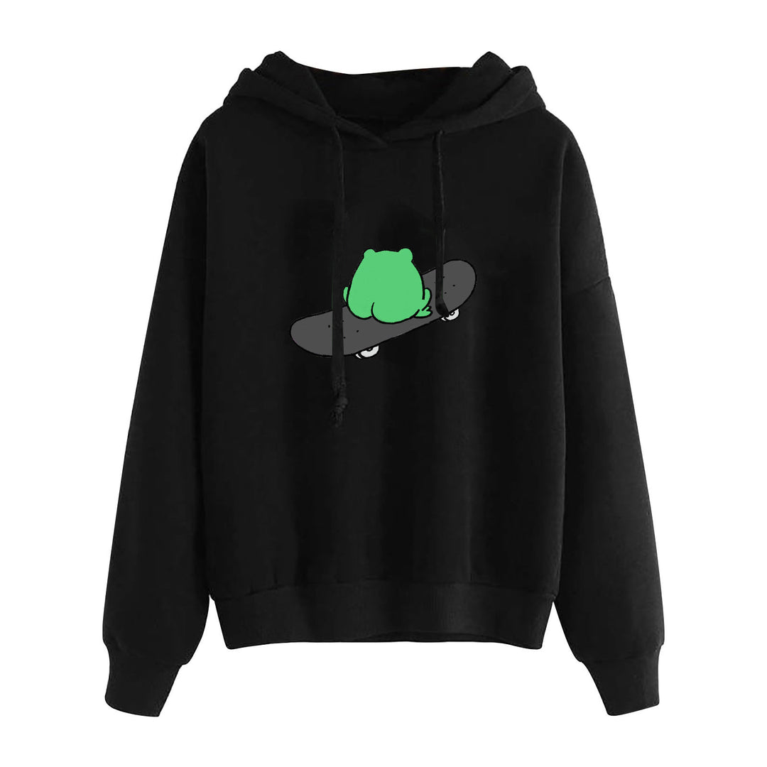 Damen nan kurz geschnittener Cropped-Kapuzenpullover mit niedlicher Frosch-Illustration und verstellbarer Kapuze Drune