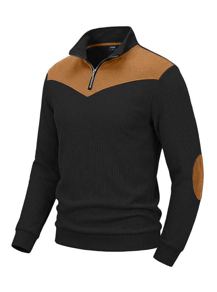 Herren Strickpullover mit Troyerkragen, Rippenstruktur und Ellbogen-Patches Drune