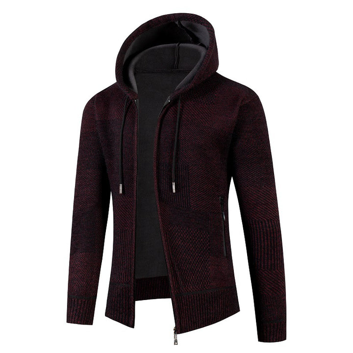 Herren Strukturierter Strick-Zip-Hoodie mit gefütterter Kapuze und grafischem Patchmuster Drune