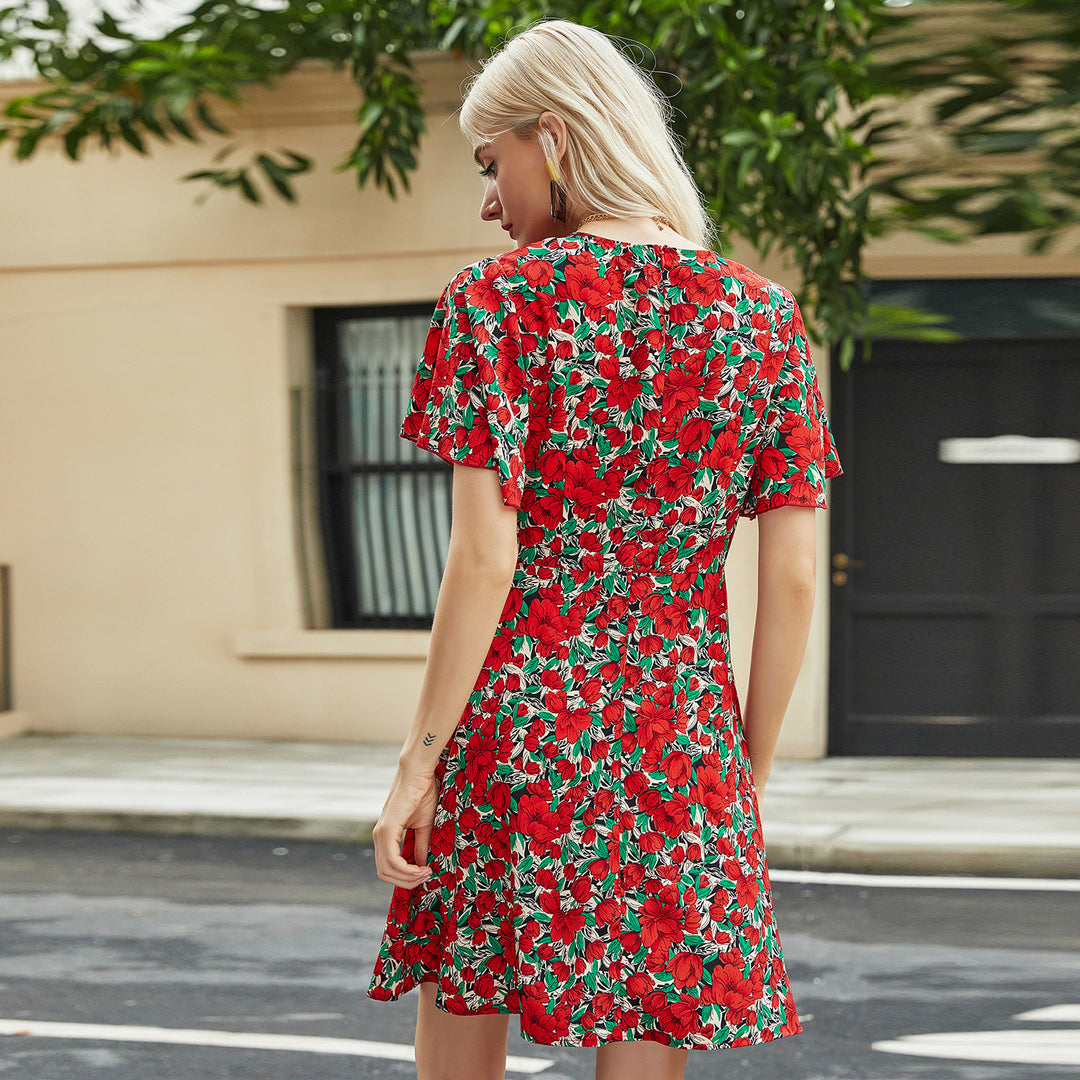 Damen Floral Midi-Kleid mit voluminösen Ärmeln und V-Ausschnitt Drune