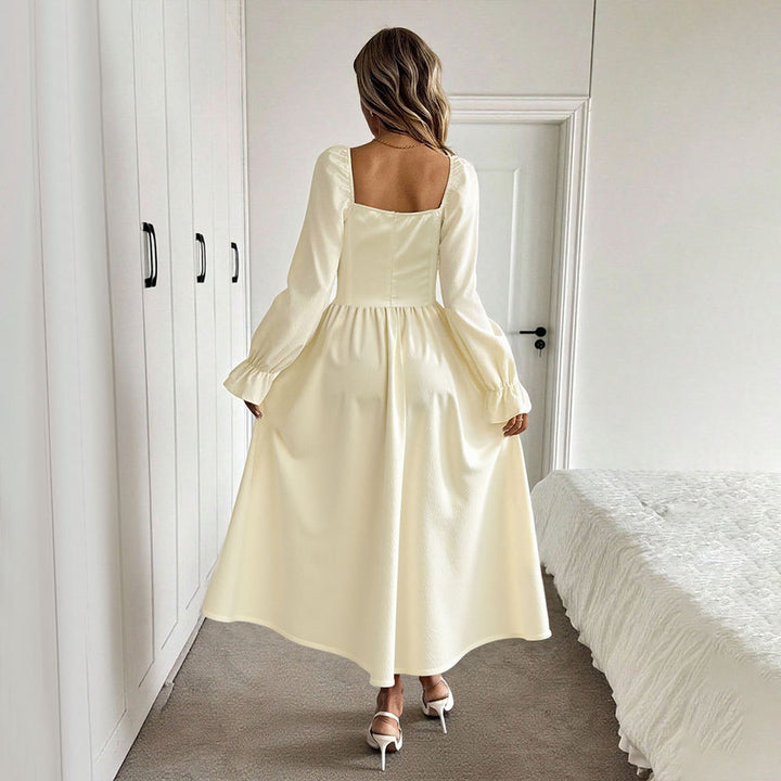 Damen romantisches Midikleid mit Korsagen-Taille, Quadratausschnitt und voluminösen Ärmeln Drune