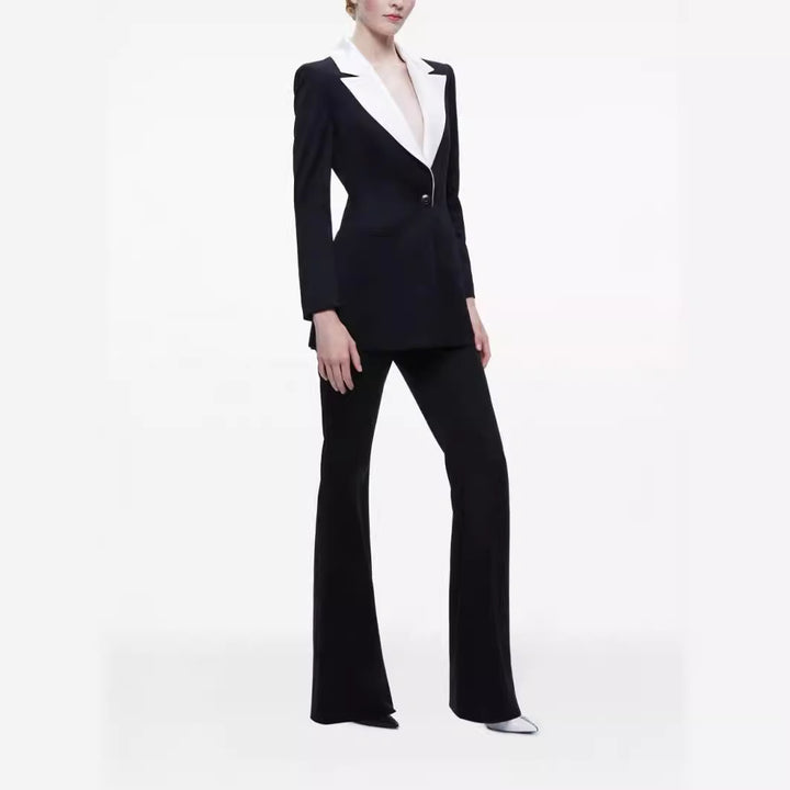 Damen Elegantes Zweiteiliges Smokingset mit kontrastierendem Schalkragen und ausgestellter Schlaghose Drune