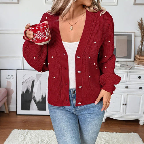 Damen Perlenbesetzter Grobstrick-Cardigan mit V‑Ausschnitt Drune