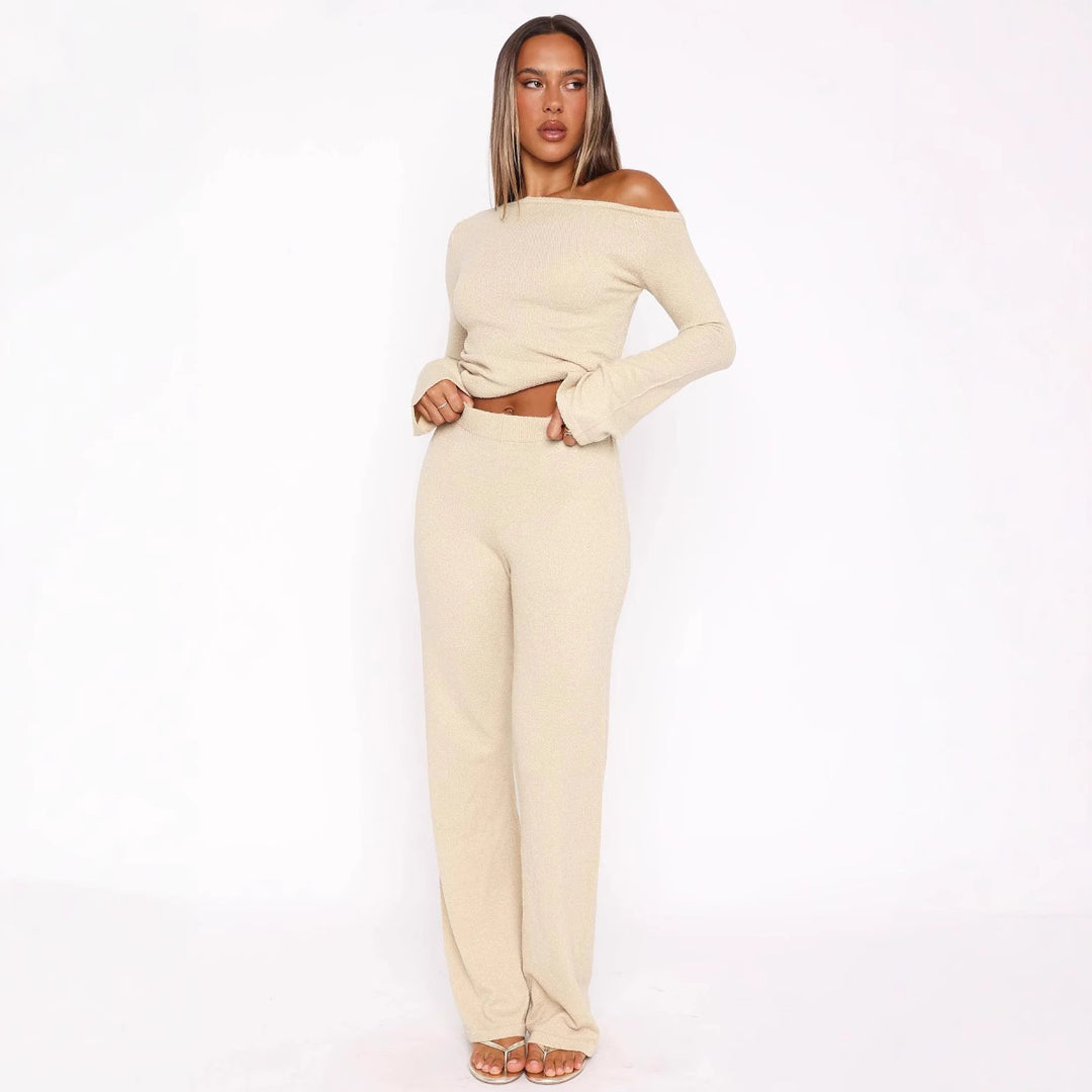 Damen Zweiteiliges Strick-Loungewear-Set mit Carmen‑Ausschnitt und weitem High‑Waist‑Hosenbein Drune