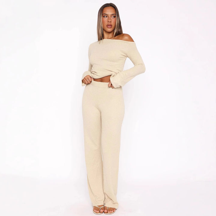 Damen Zweiteiliges Strick-Loungewear-Set mit Carmen‑Ausschnitt und weitem High‑Waist‑Hosenbein Drune