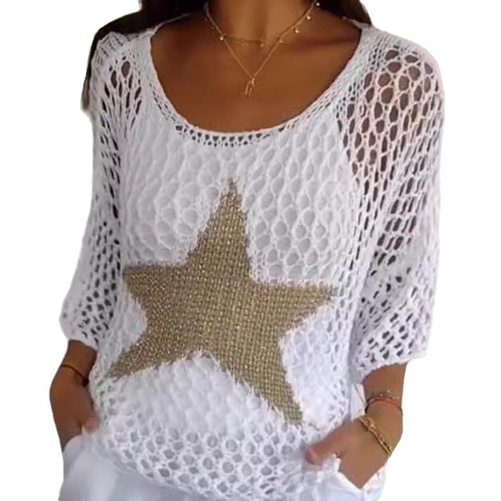 Damen nan oversized gehäkelter Pullover mit Sternapplikation und 3/4-Ärmeln Drune