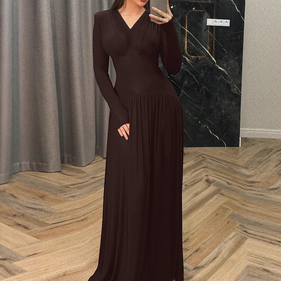Damen Elegantes Maxikleid mit tiefem V-Ausschnitt und fließendem Schnitt Drune